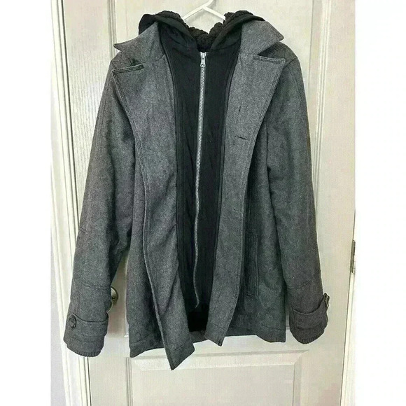 Men’s Wool Blend BKE Grey Pea Coat Slim Fit Medium W/Removable Hood. Heavy, Warm - Picture 8 of 16